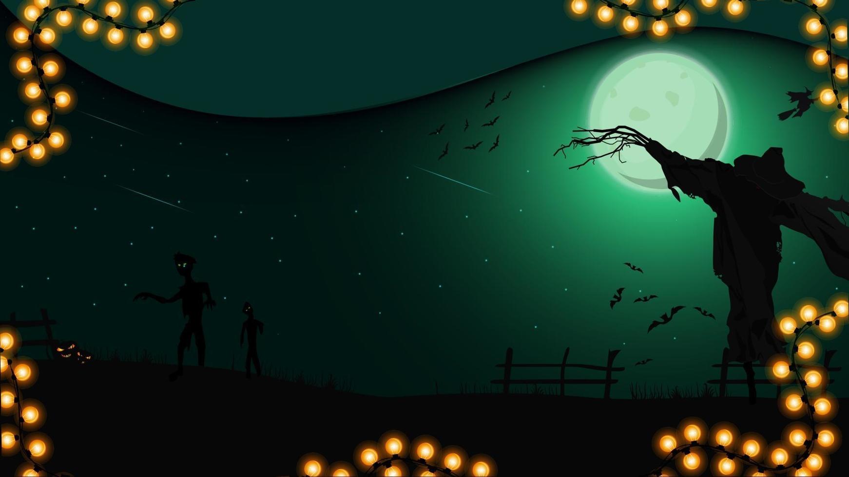 notte di halloween, paesaggio notturno con luna piena, spaventapasseri, streghe e zombi, illustrazione per la tua creatività vettore