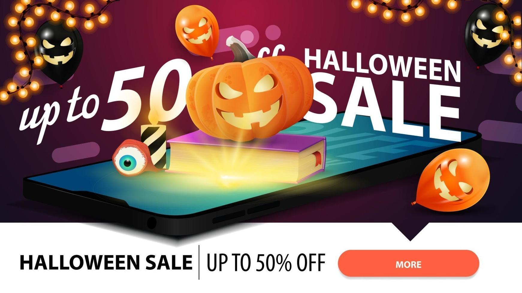 vendita di halloween, banner rosa orizzontale moderno per sito web con smartphone da cui è proiettato libro degli incantesimi e jack zucca vettore