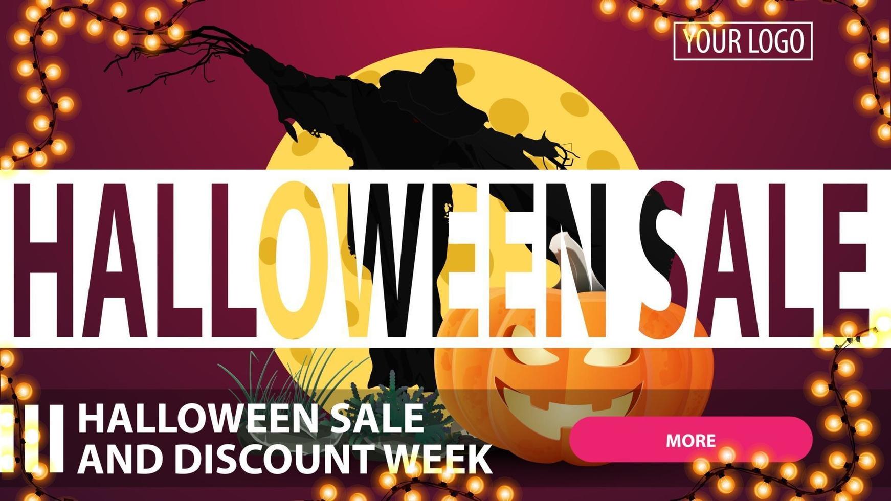 settimana di saldi e sconti di halloween, banner di sconto creativo rosa orizzontale con pulsante, spaventapasseri e jack zucca contro la luna vettore