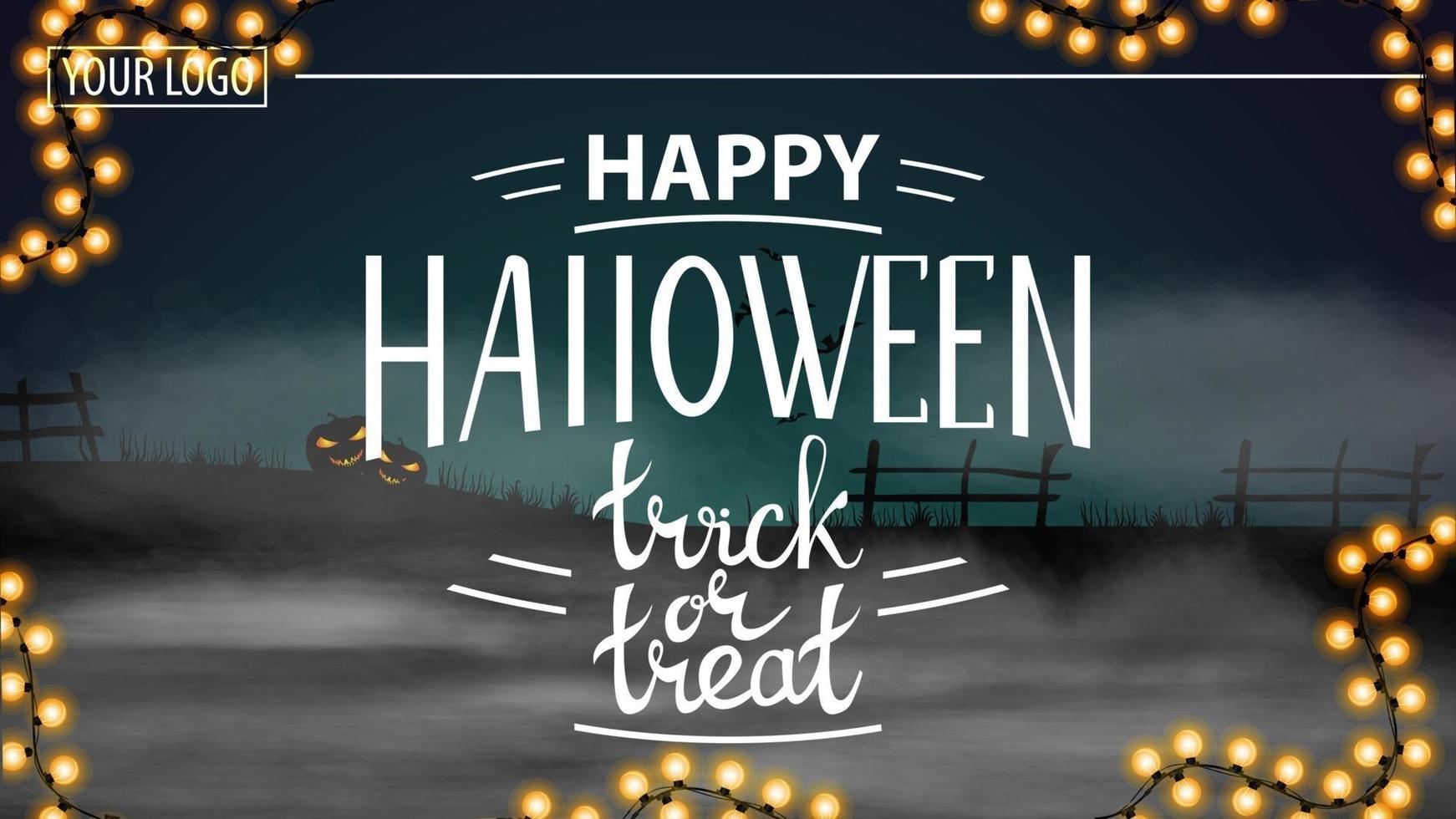 buon halloween, dolcetto o scherzetto, moderna cartolina di auguri orizzontale con un bellissimo paesaggio notturno di halloween vettore