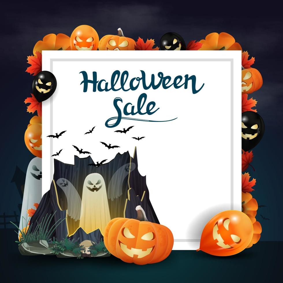 saldi di halloween, banner sconto a forma di foglio di carta con decorazioni di halloween, portale con fantasmi e jack zucca. banner modello quadrato con palloncini di halloween, zucca, fantasma e foglie d'autunno vettore