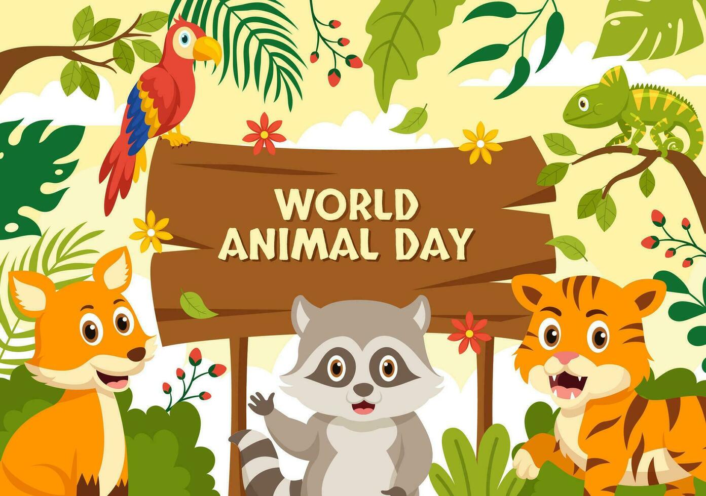mondo animale giorno vettore illustrazione con vario animali o natura per habitat protezione e foresta nel piatto cartone animato sfondo modelli