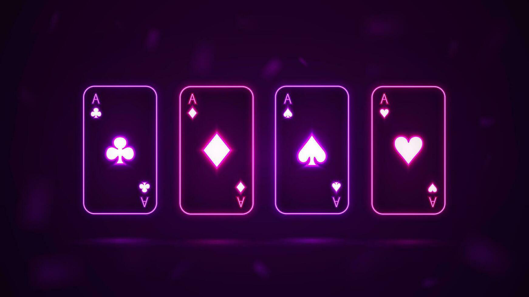 un' impostato di quattro neon assi di diverso tute per giocando nel un' casinò. luminosa neon poker carte. vettore