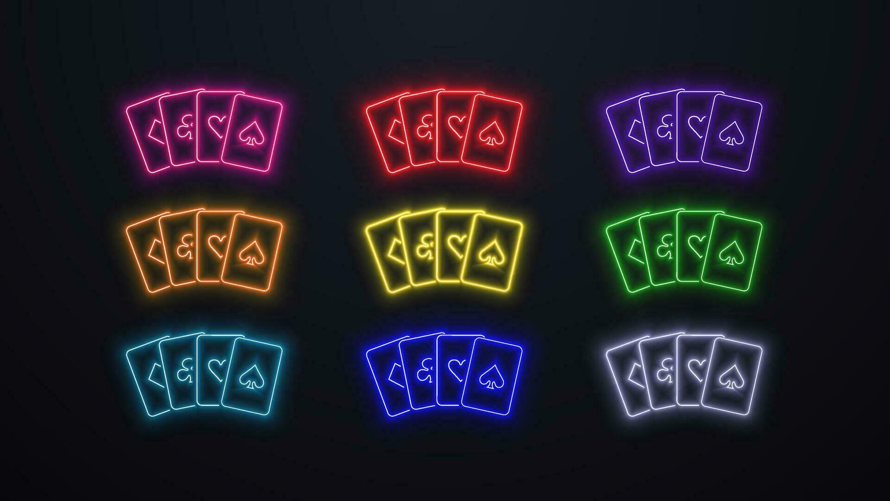 nuovo luminosa brillante raggiante poker carta icone nel diverso colori su un' buio sfondo. un' concetto per un' casinò. vettore