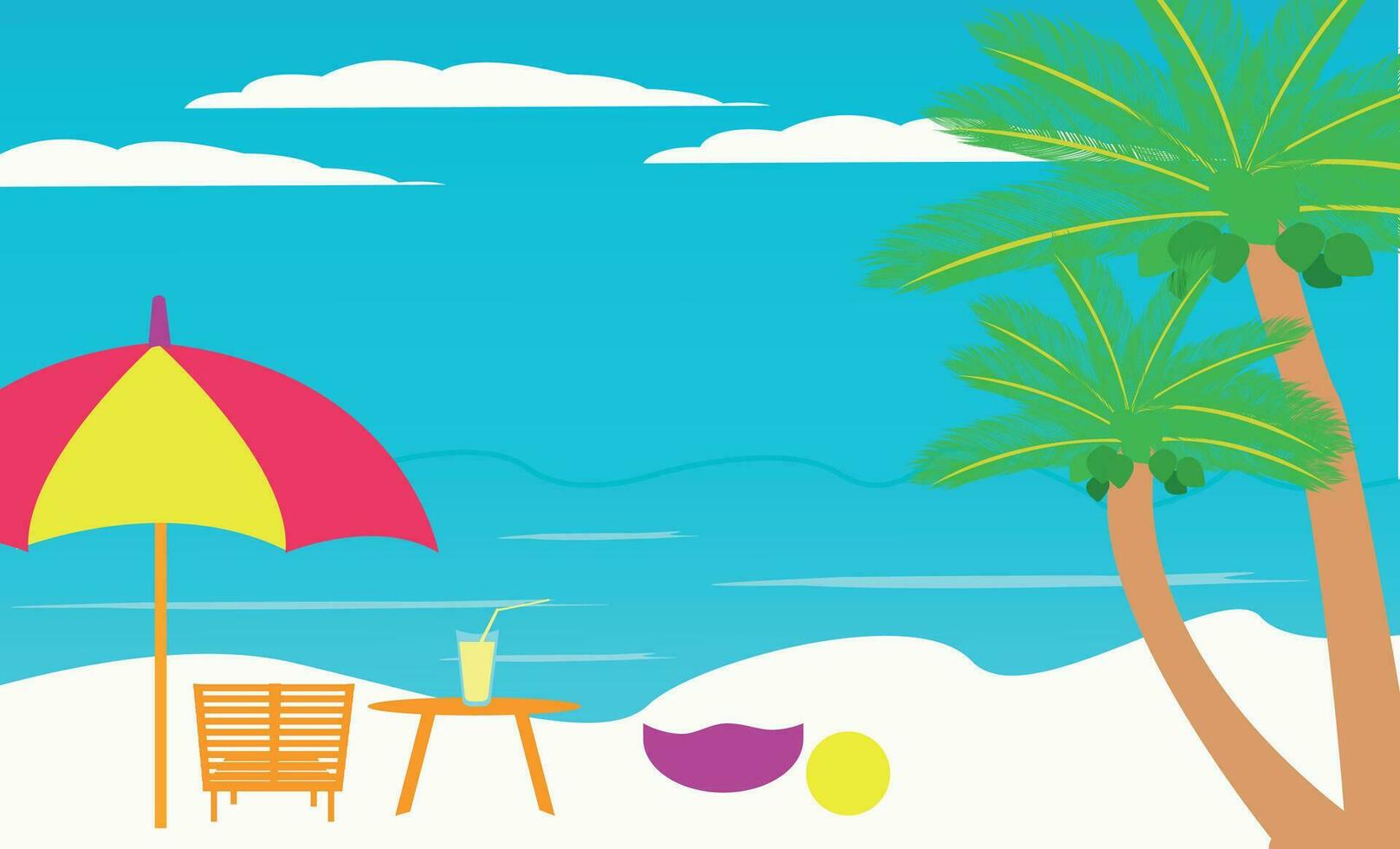 estate vacanze sfondo. gli ombrelli, scrivania sedia, sfera, salvagente, crema solare, stella marina, e Noce di cocco cocktail su un' sabbioso spiaggia vettore