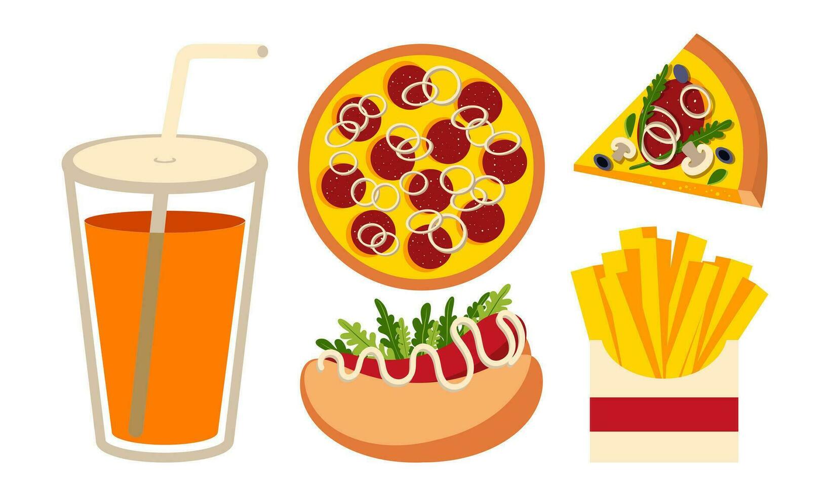 veloce cibo illustrazione. Pizza, francese patatine fritte, caldo cane, Pizza fetta, dolce acqua bicchiere. vettore illustrazione nel il stile di minimalismo, semplice forme.