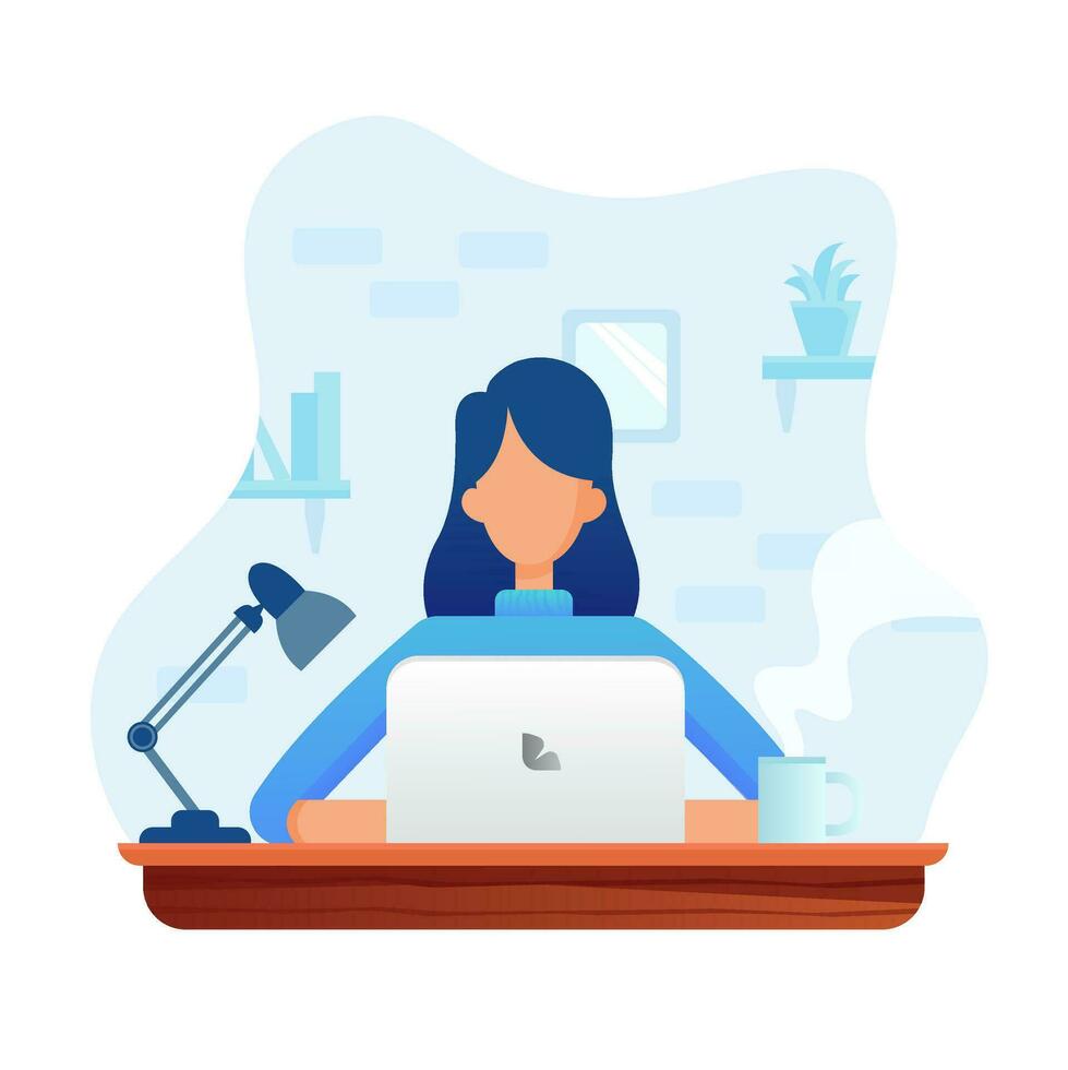 donna Lavorando a il scrivania con il computer portatile e cofee vettore