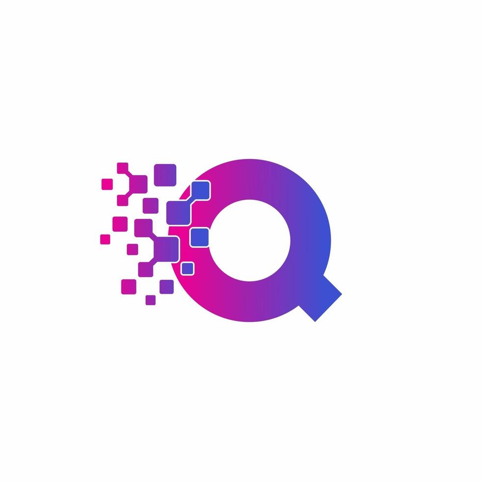 q lettera iniziale pixel digitali tech logo vettore