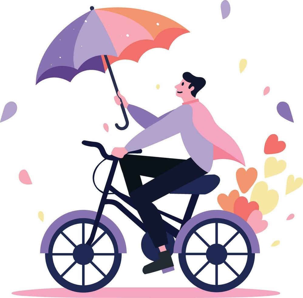 mano disegnato uomo equitazione un' bicicletta e Tenere un ombrello nel piatto stile vettore