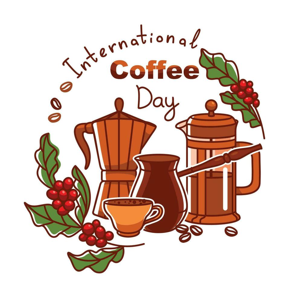 internazionale caffè giorno striscione. caffè ramo, caffè pentola e tazza di caldo caffè. vettore