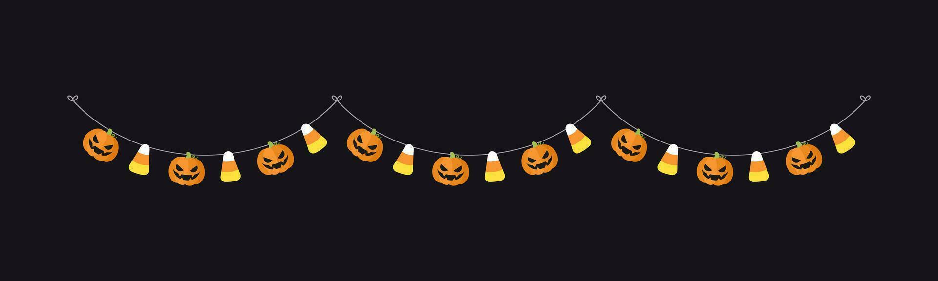 carino Jack o lanterna il male zucca e caramella Mais ghirlanda per Halloween. semplice trucco o trattare bandiera sospeso festa arredamento vettore elemento.