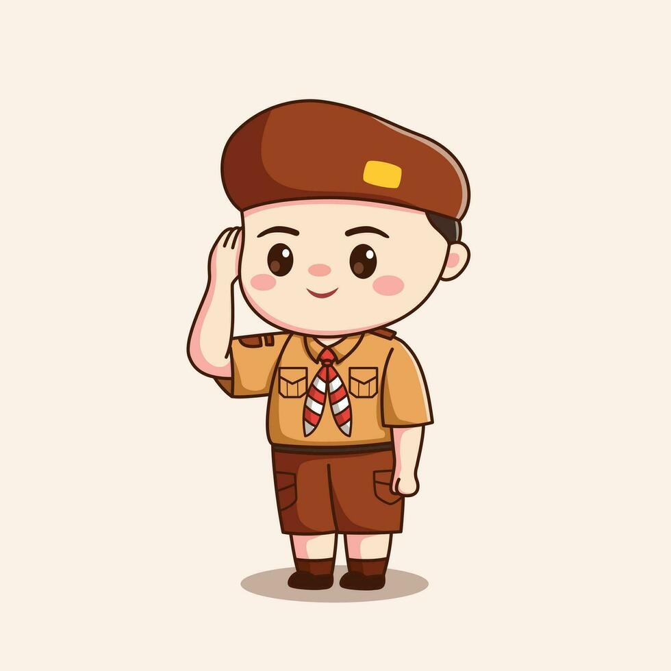 indonesiano esploratore ragazzo salutando carino kawaii chibi personaggio illustrazione vettore