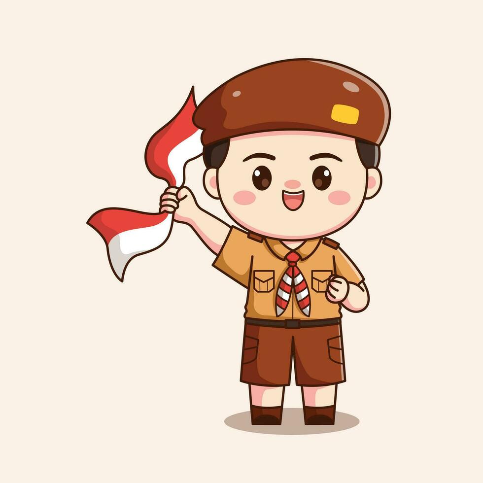 indonesiano esploratore ragazzo Tenere nastro carino kawaii chibi personaggio illustrazione vettore