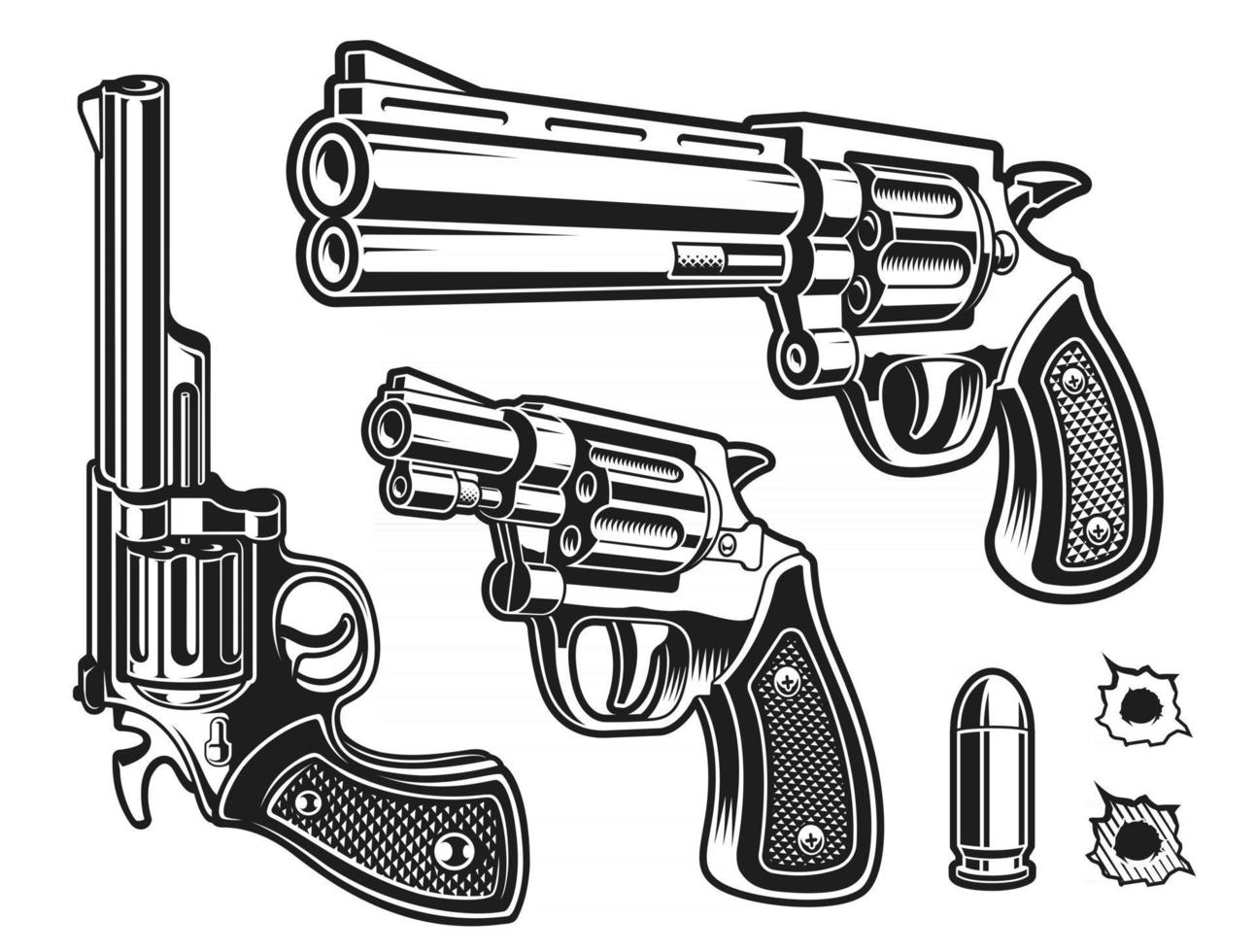 una serie di revolver vettoriali in bianco e nero