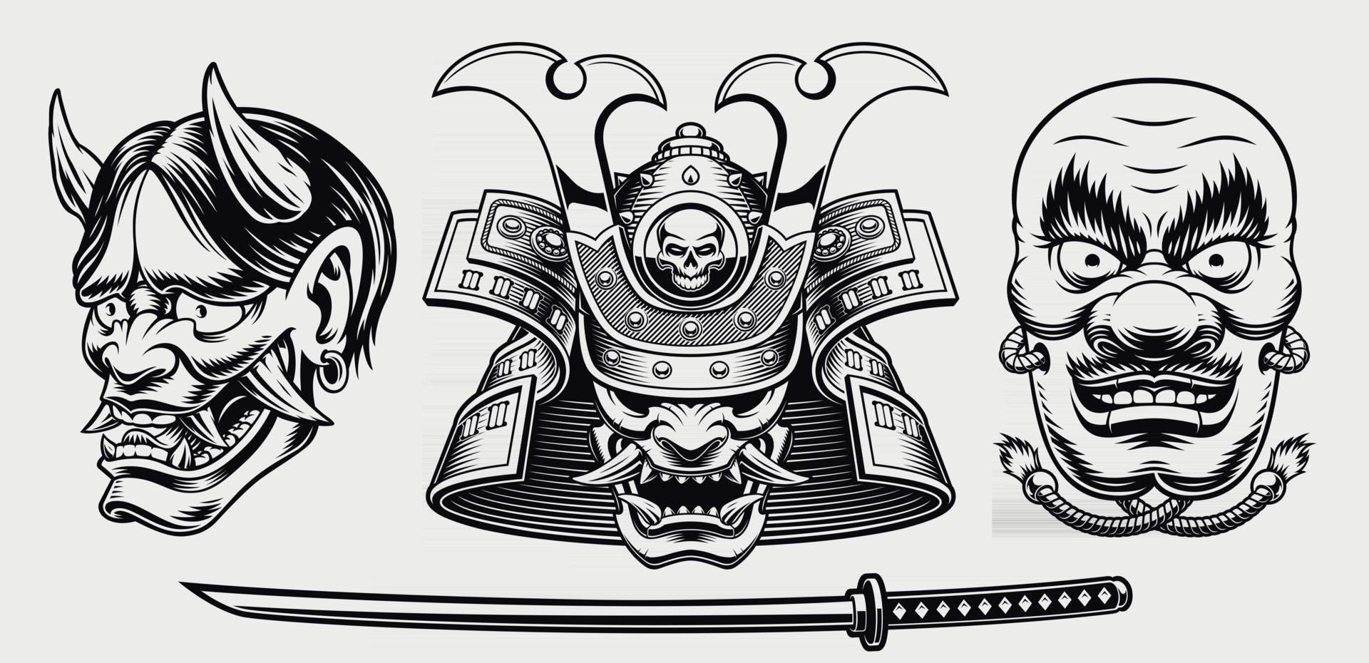 illustrazione in bianco e nero a tema samurai vettore