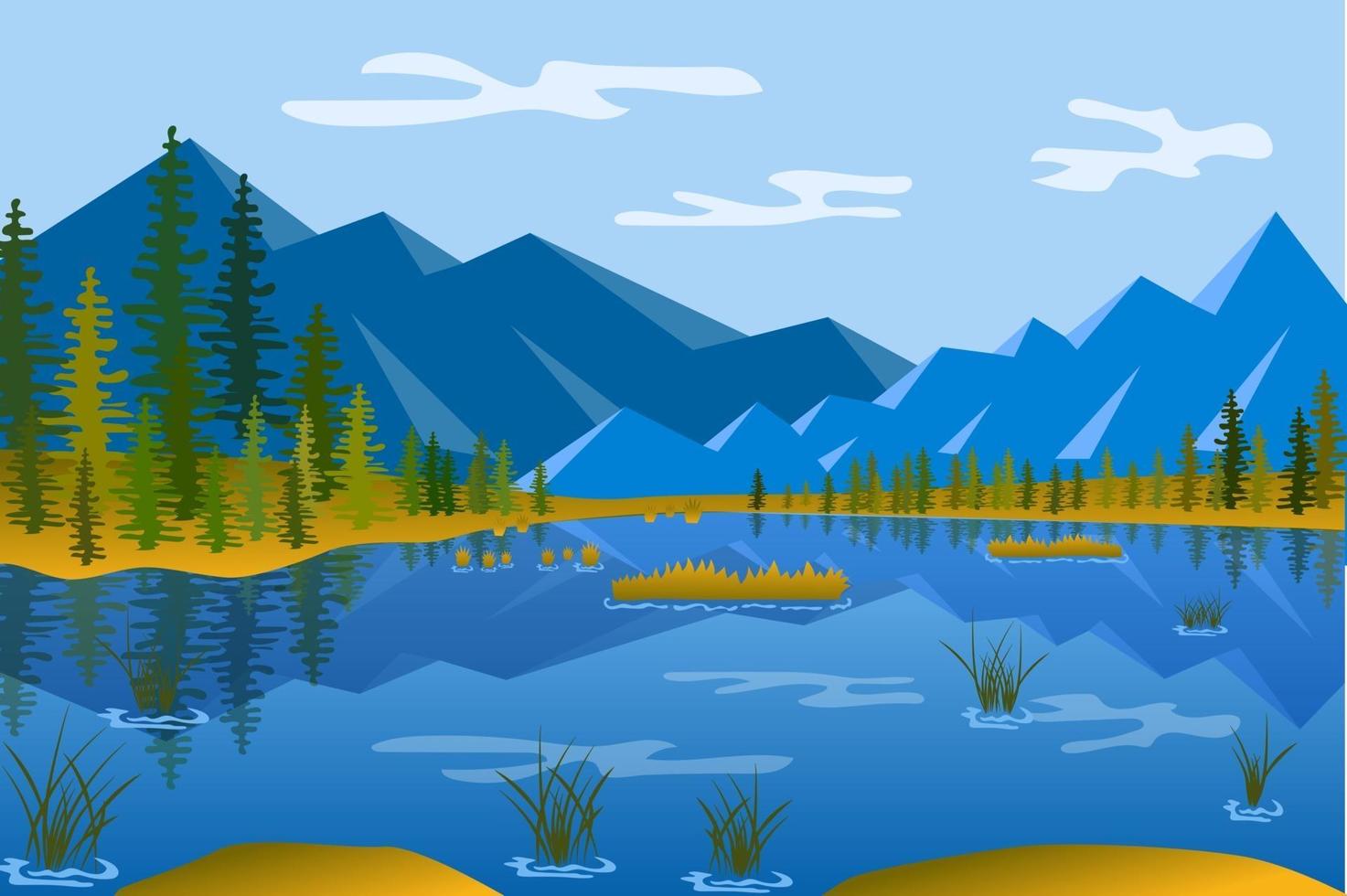 lago in montagne sullo sfondo del paesaggio in stile piatto vettore