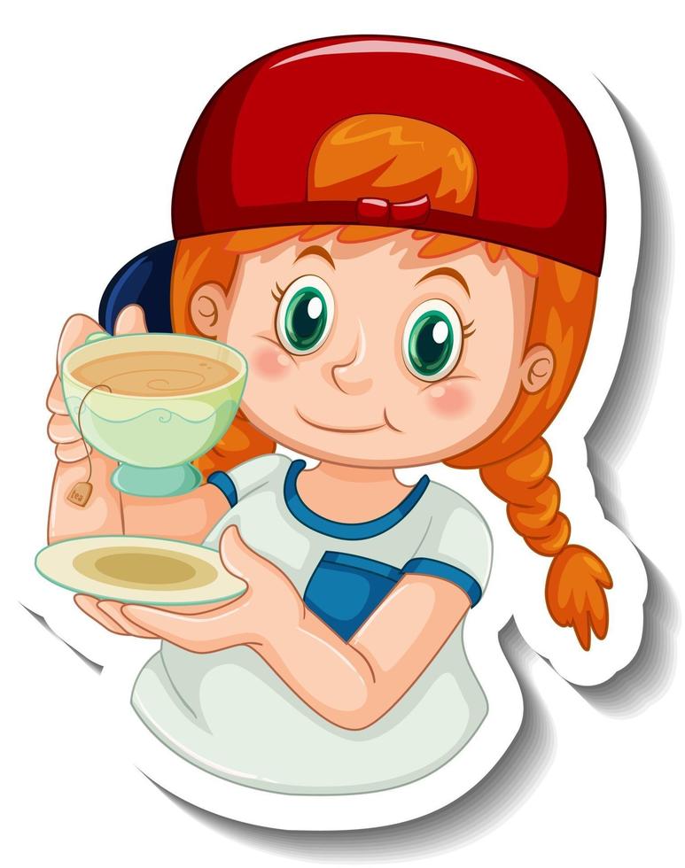 modello di adesivo con una ragazza tiene una tazza di tè personaggio dei cartoni animati isolato vettore