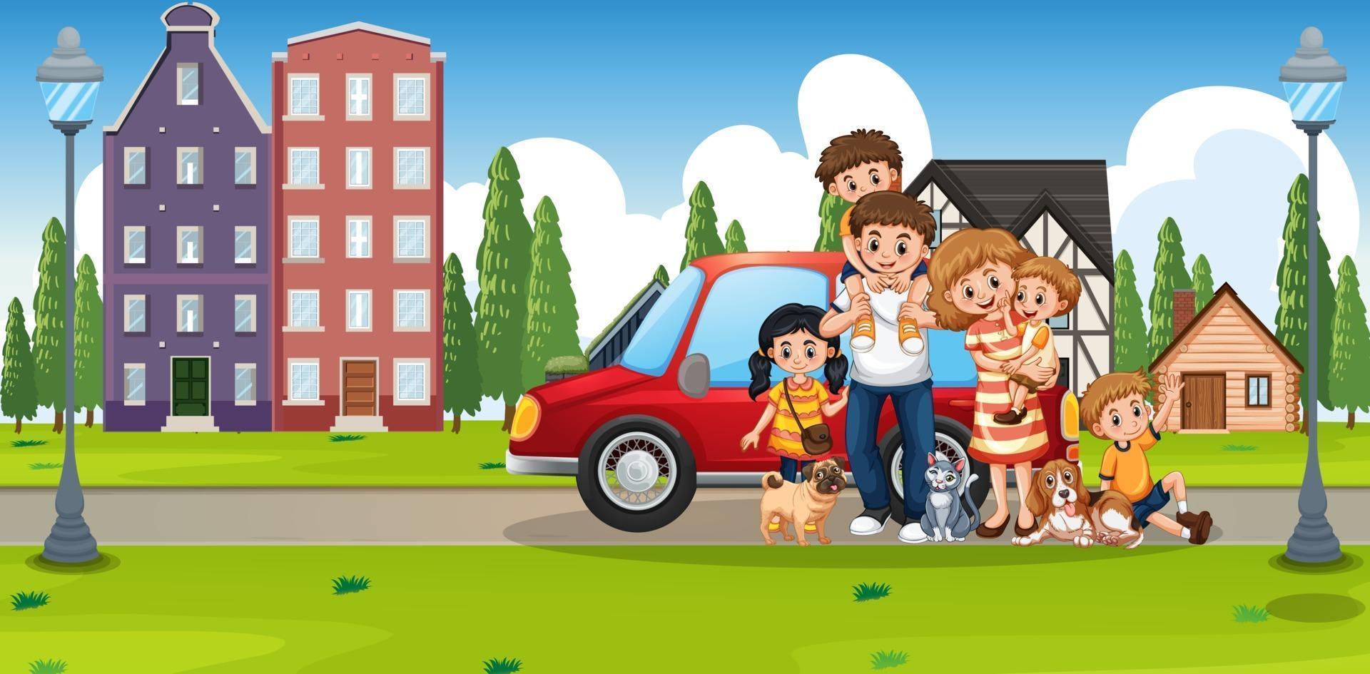 famiglia felice in piedi fuori casa con una macchina vettore