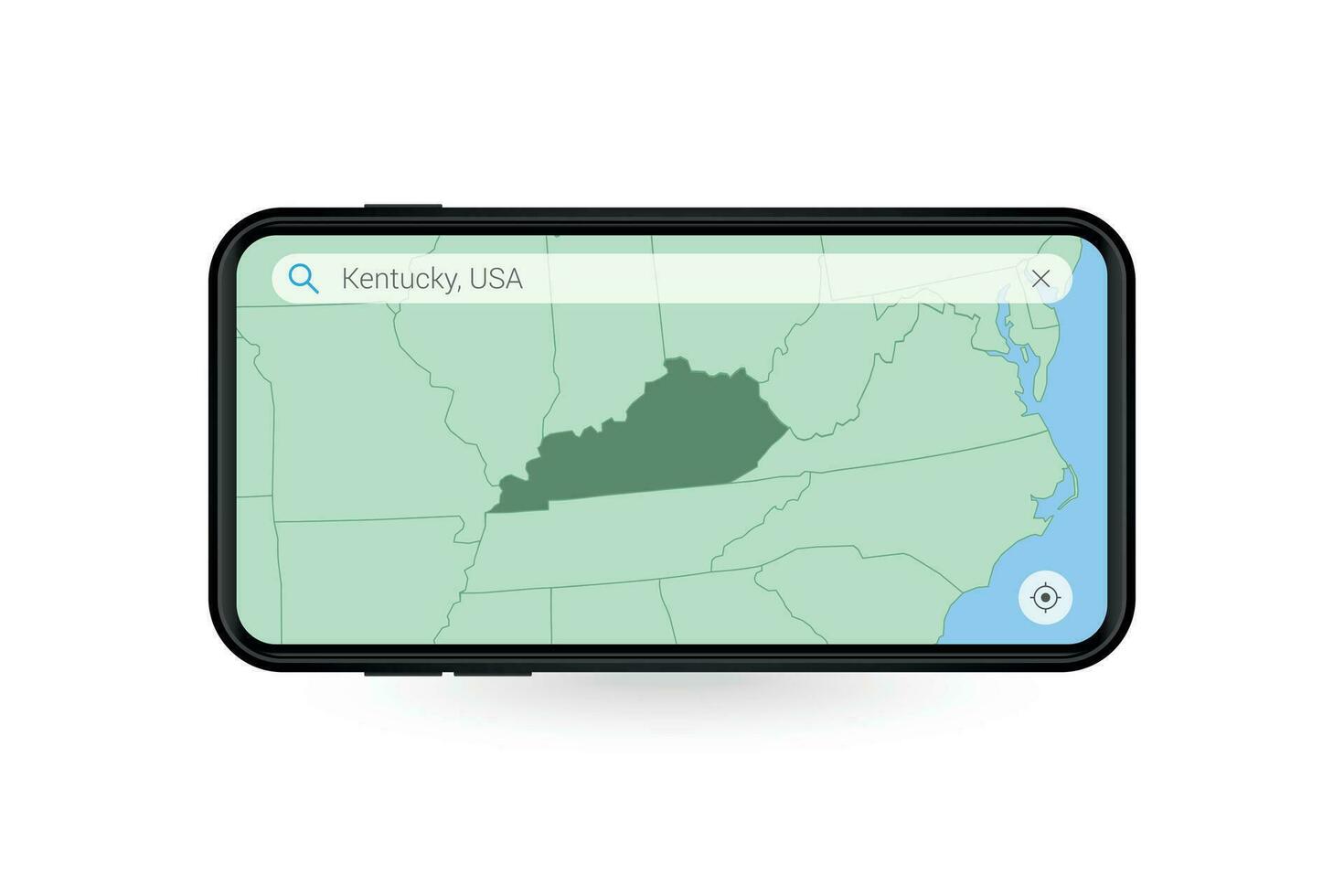 ricerca carta geografica di Kentucky nel smartphone carta geografica applicazione. carta geografica di Kentucky nel cellula Telefono. vettore