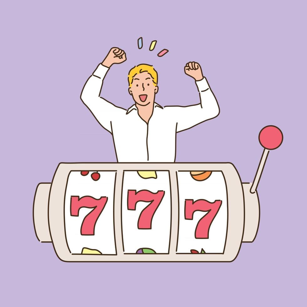 un uomo si rallegra davanti a una macchina jackpot con un 777. illustrazioni di disegno vettoriale in stile disegnato a mano.