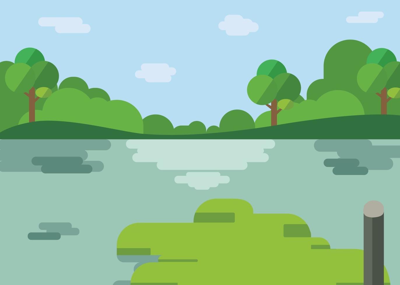 natura paesaggio cartone animato design.beautiful lago con foresta in stile piatto.fiume con colline, alberi, nuvole e sfondo del cielo. vettore