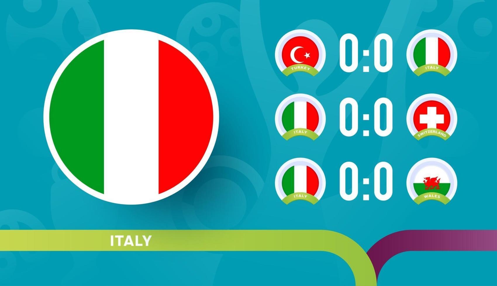 la nazionale italiana programma le partite della fase finale del campionato di calcio 2020. illustrazione vettoriale delle partite di calcio 2020.