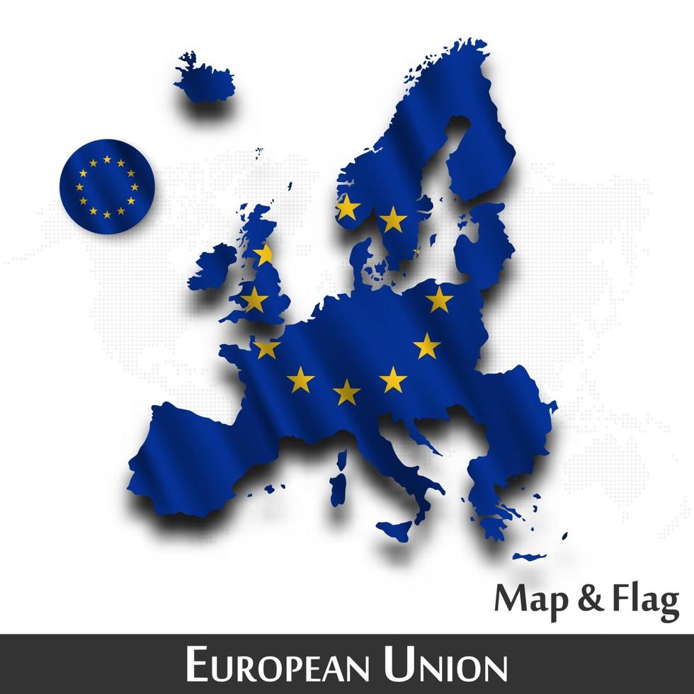 mappa e bandiera dell'unione europea eu. ondeggiante design tessile. sfondo della mappa del mondo a punti. vettore
