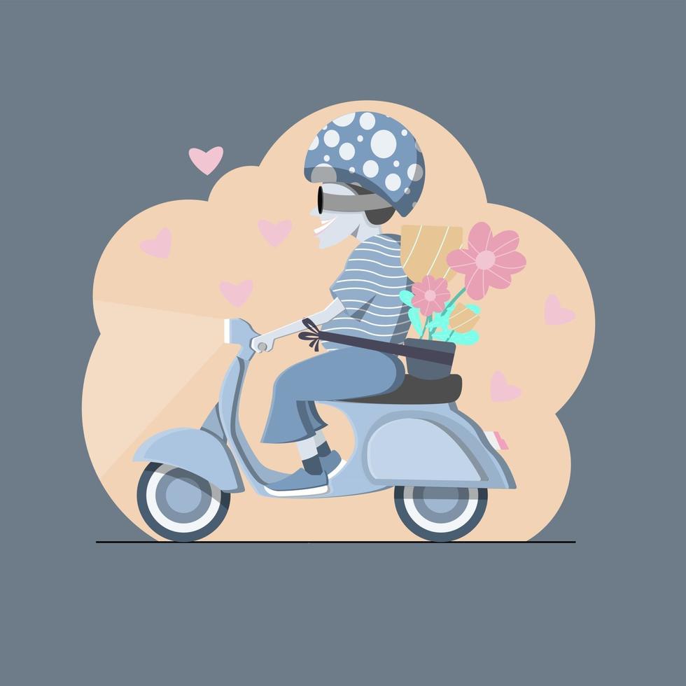 simpatico personaggio in scooter con fiori vettore