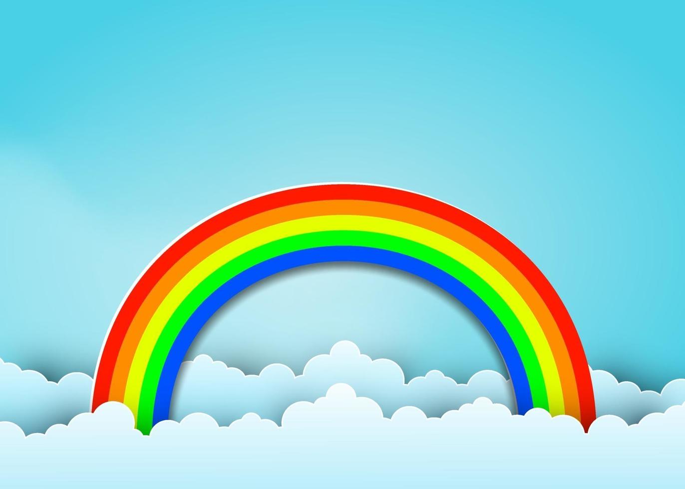 arcobaleno colorato e nuvole in stile papercut vettore