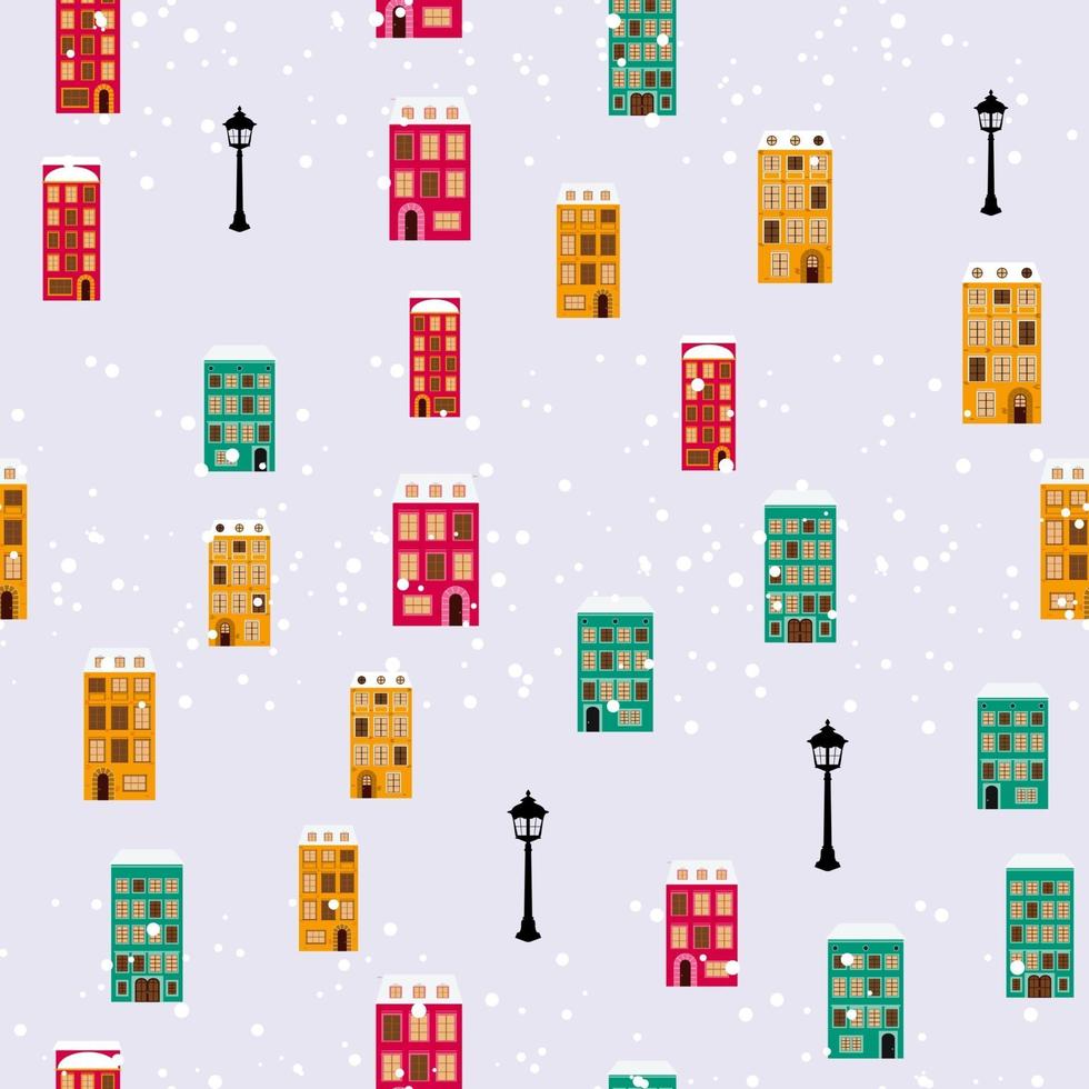 carta di buon natale e felice anno nuovo con sfondo seamless pattern cittadina. illustrazione vettoriale