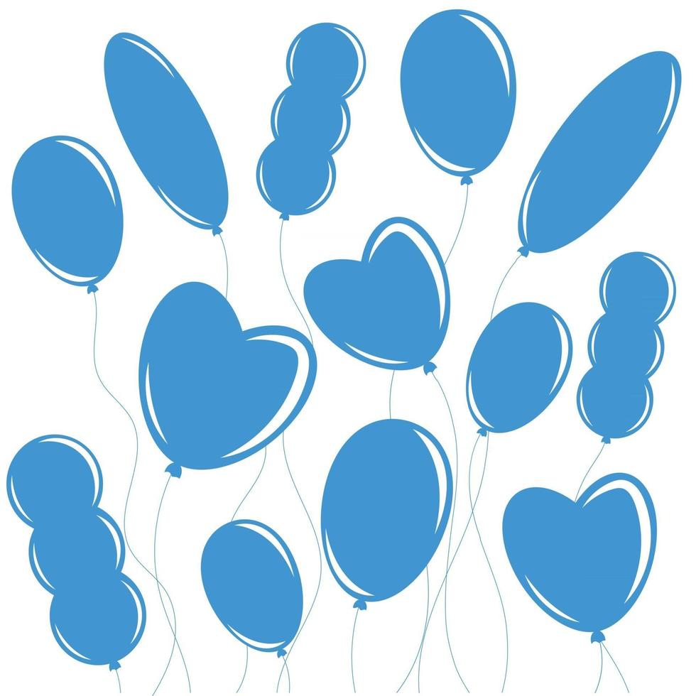 set di sagome blu isolate piatte di palloncini su corde. design semplice su sfondo bianco vettore