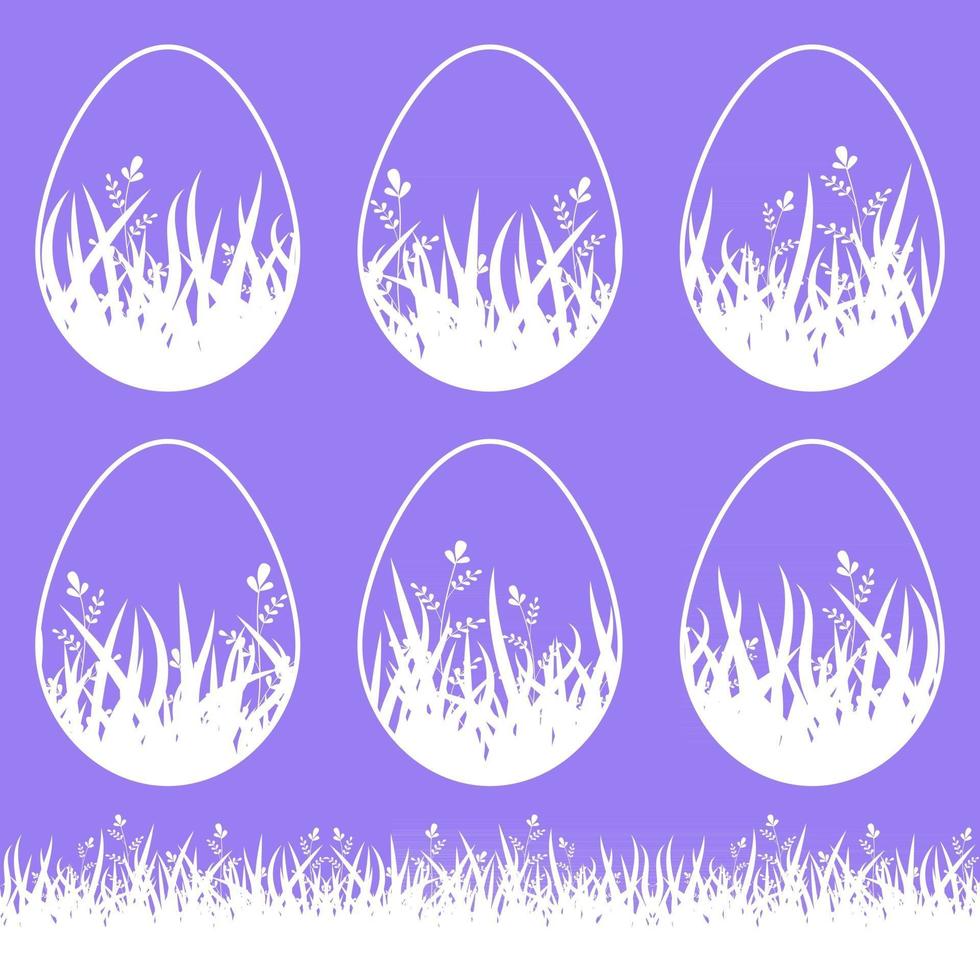 set di uova di Pasqua isolate in bianco bianche su sfondo viola. con un motivo floreale astratto. semplice illustrazione vettoriale piatto. adatto per la decorazione di cartoline, pubblicità, riviste, siti web.