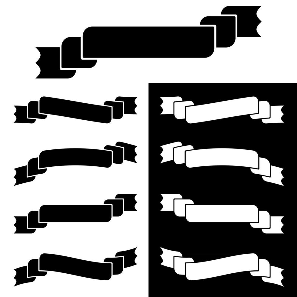 set di sagome isolate piatte bianche e nere di striscioni a nastro su sfondo bianco vettore