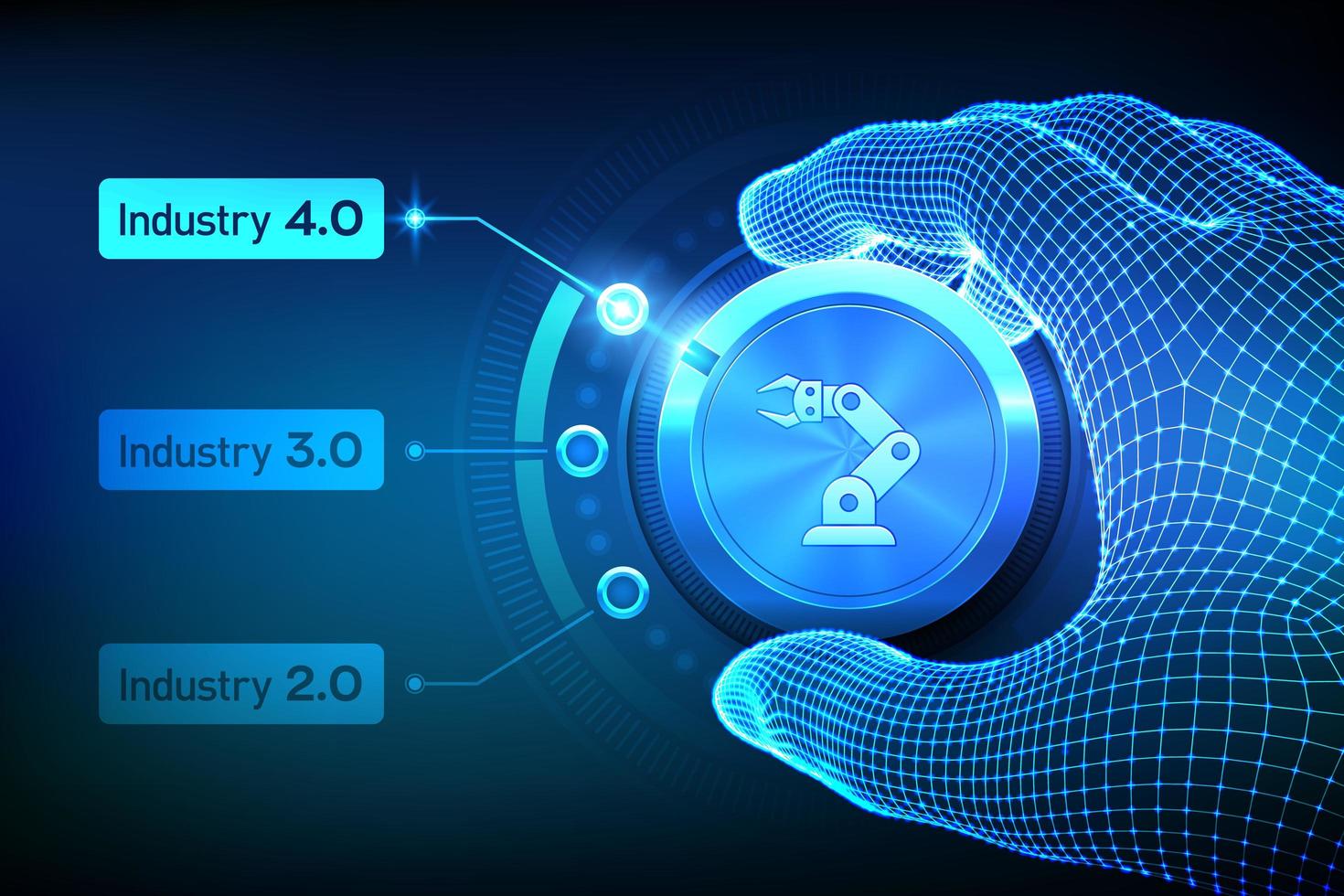 concetto di industria 4.0 intelligente. passi delle rivoluzioni industriali. wireframe mano girando una manopola e selezionando la modalità industria 4.0. automazione di fabbrica. tecnologia industriale autonoma. vettore