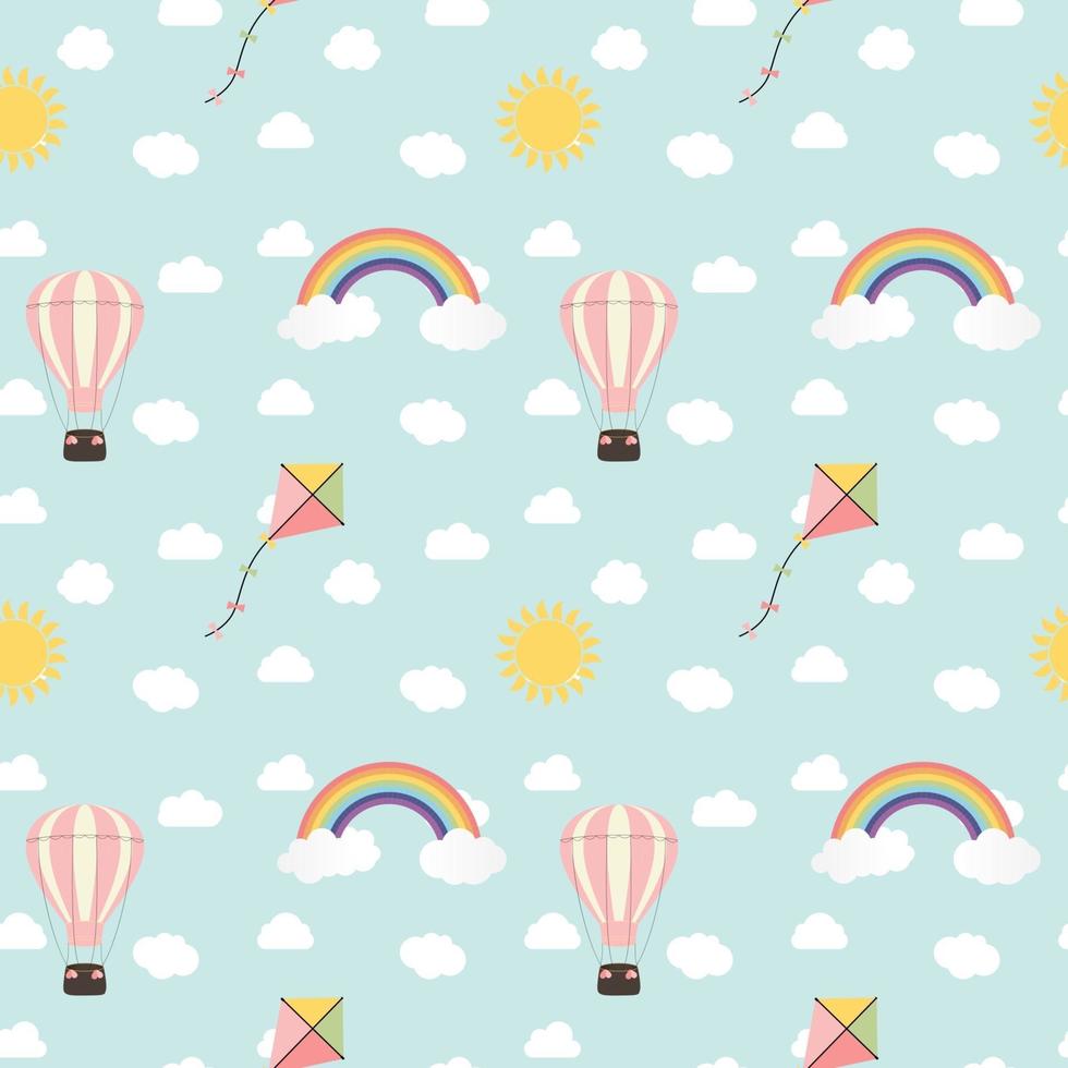 bambino senza cuciture sfondo con arcobaleno, sole, nuvola, aquilone e palloncino. illustrazione vettoriale