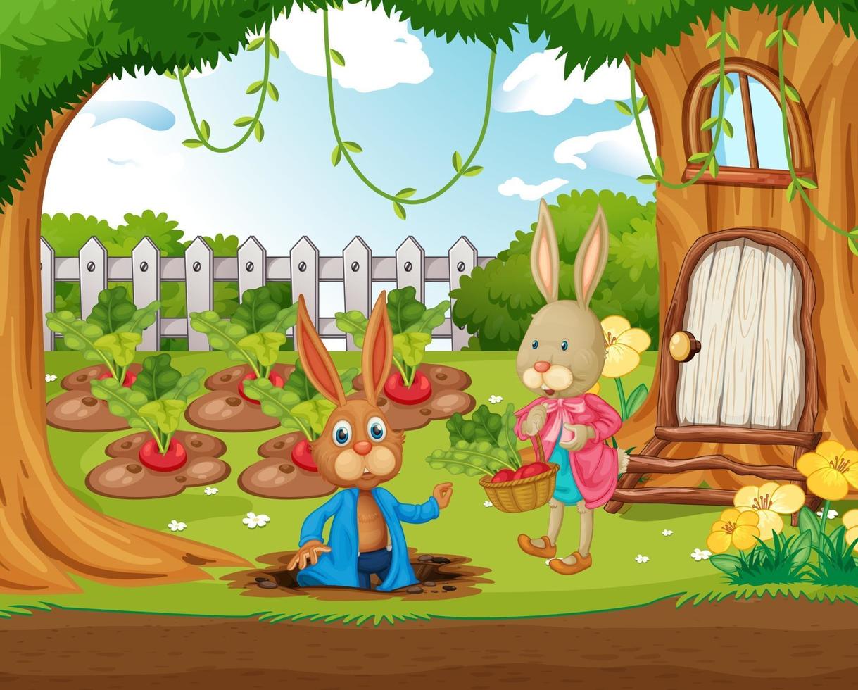 scena all'aperto con tanti conigli felici in giardino vettore
