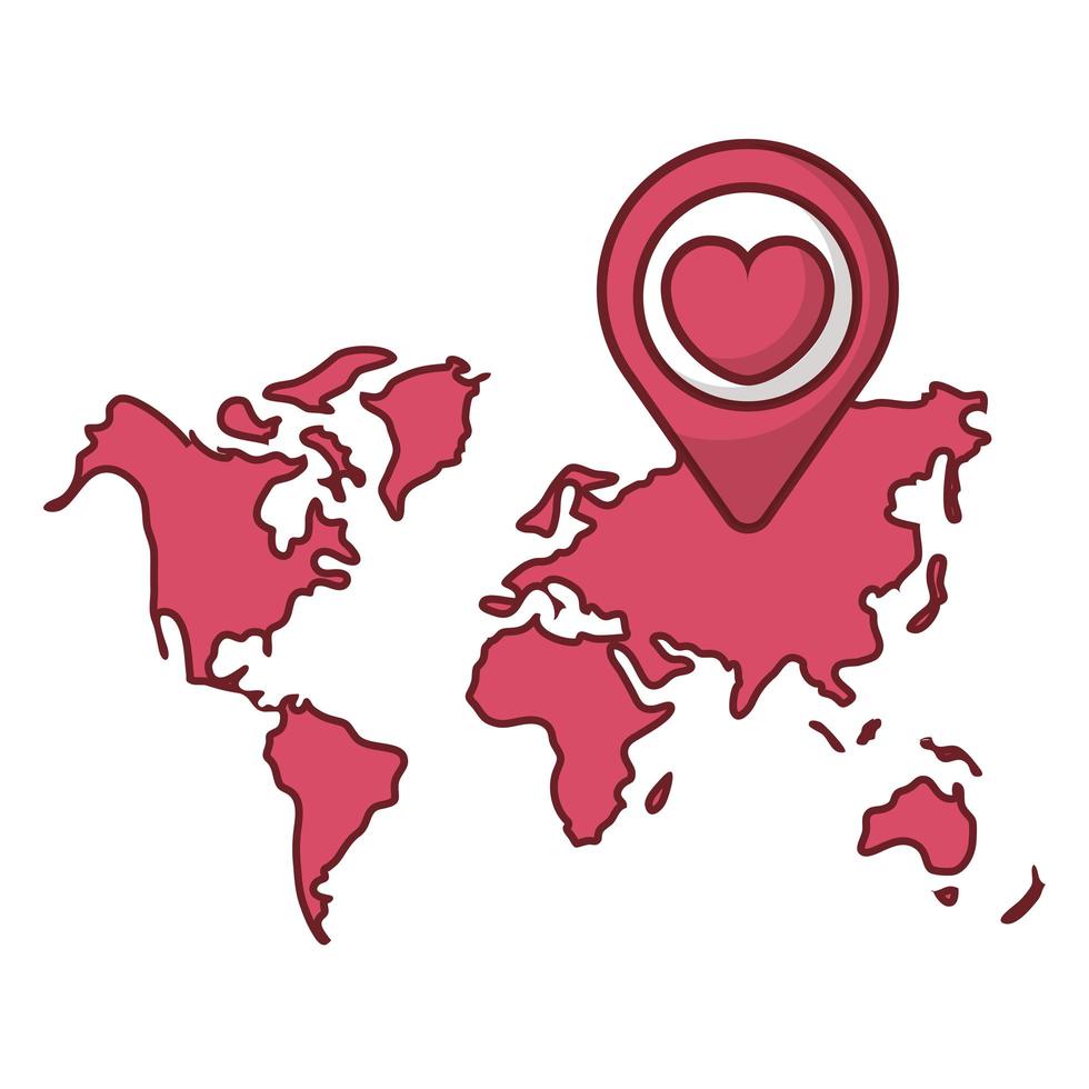 cuore d'amore all'interno del segno gps e del disegno vettoriale della mappa del mondo