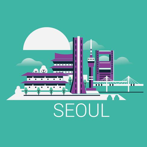 Orizzonte moderno della città di Seoul con i grattacieli e paesaggio urbano della Corea del Sud dei punti di riferimento vettore