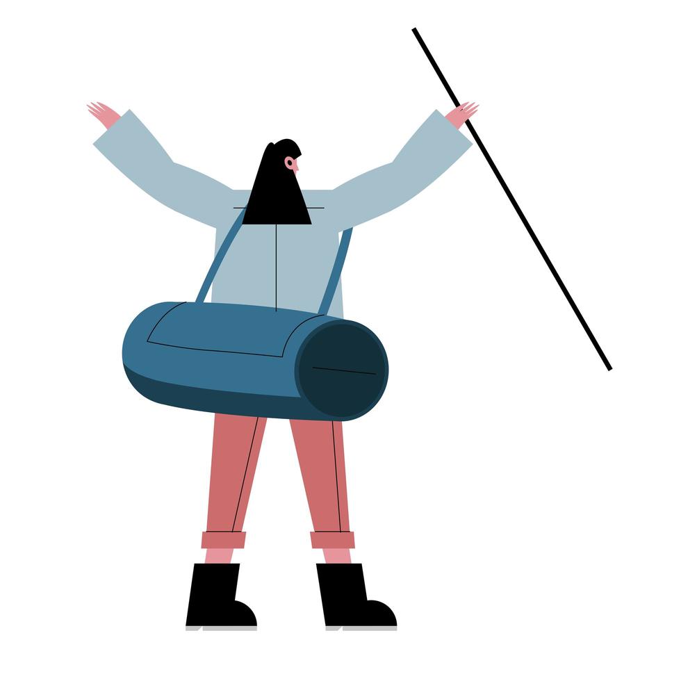 cartone animato di donna escursionista con borsa e bastone all'indietro disegno vettoriale