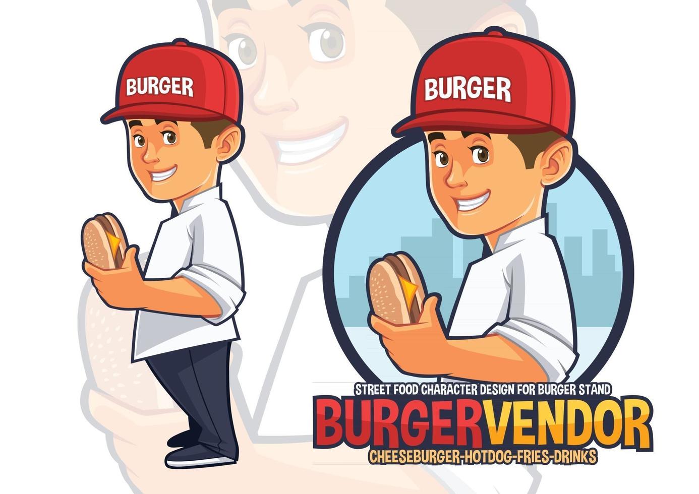 disegno della mascotte dello chef per il venditore di hamburger vettore