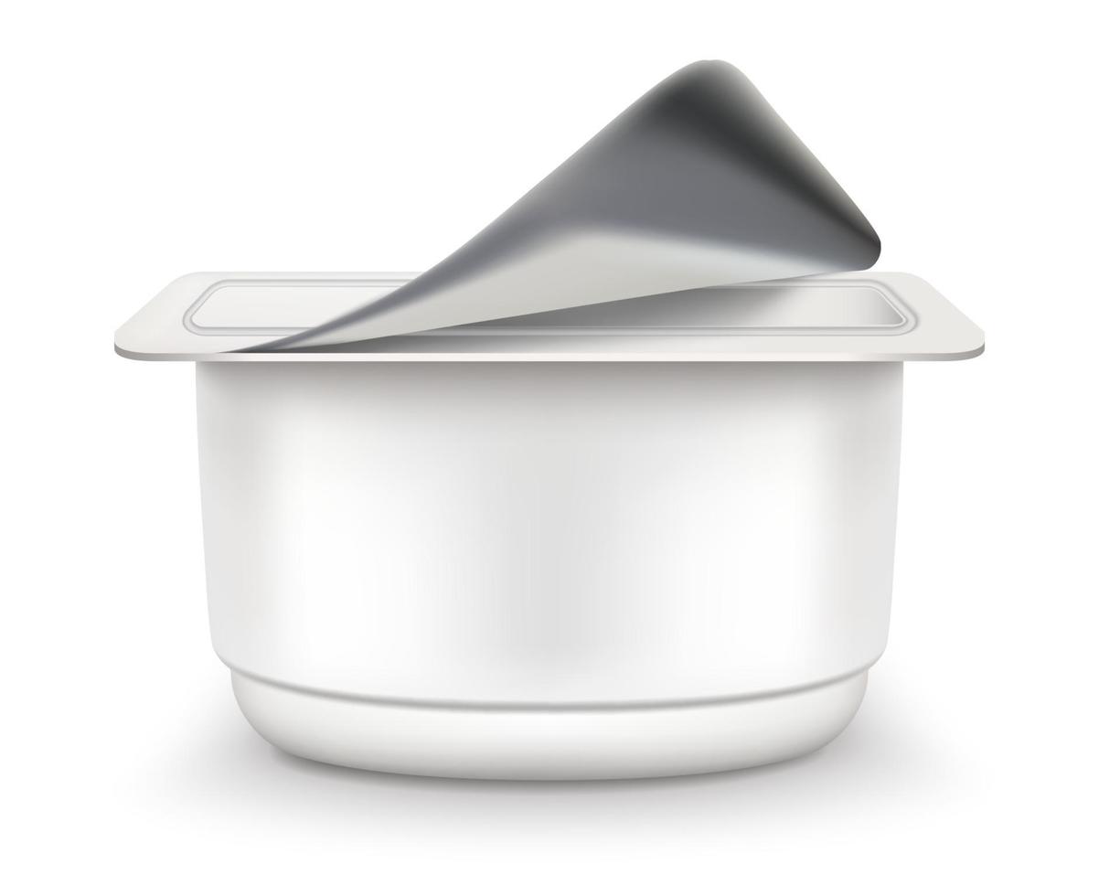 scatola di imballaggio dello yogurt i pacchetti di prodotti a base di latte fermentato sono vuoti e vista laterale completa con un foglio di metallo socchiuso layout realistico 3d per il marchio pubblicitario e la presentazione vettore di sfondo bianco isolato