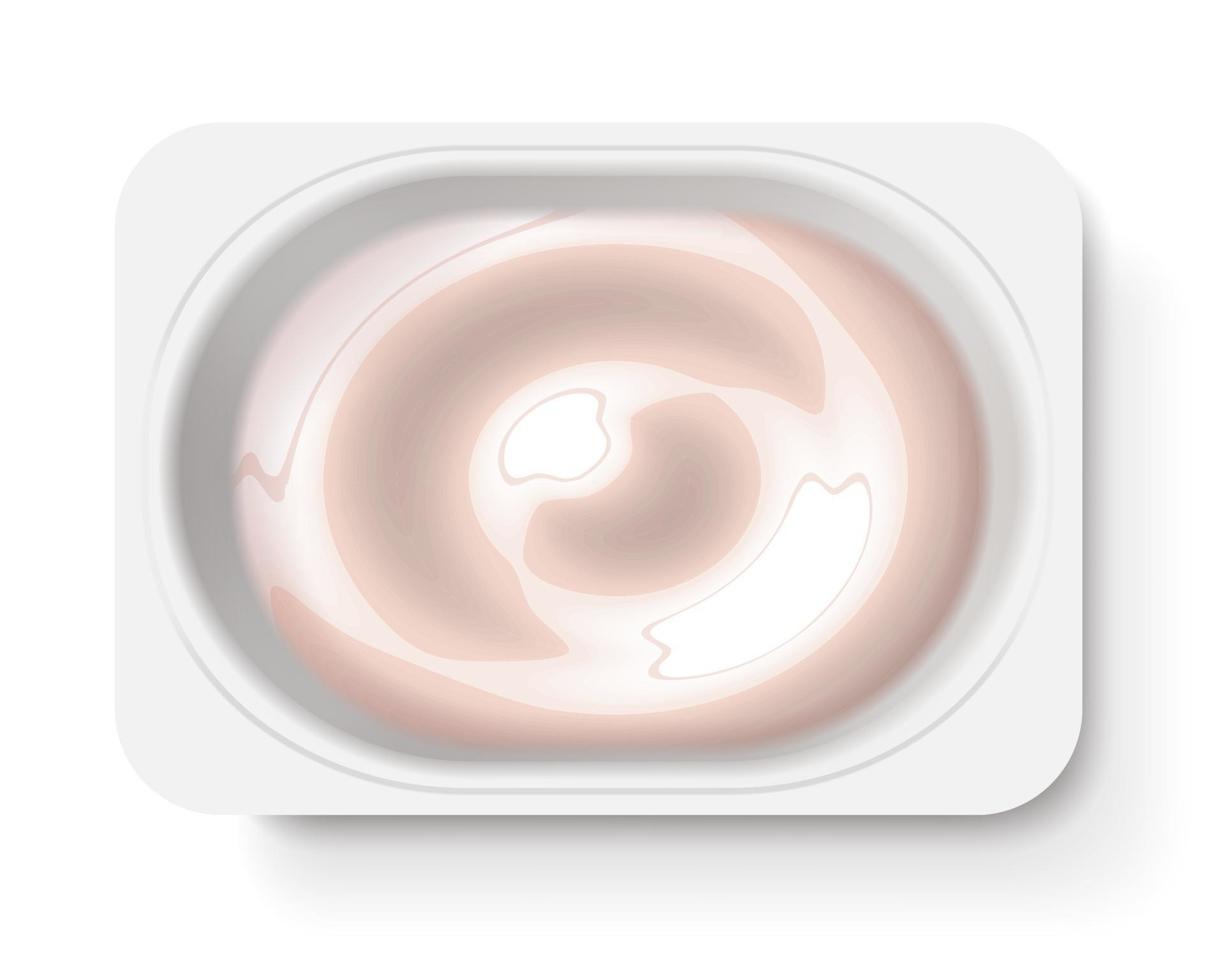 scatola di imballaggio di yogurt pacchetti di prodotti a base di latte fermentato vista dall'alto senza coperchio con yogurt rosa all'interno modello realistico 3d per la presentazione del marchio pubblicitario isolato sfondo bianco vettore