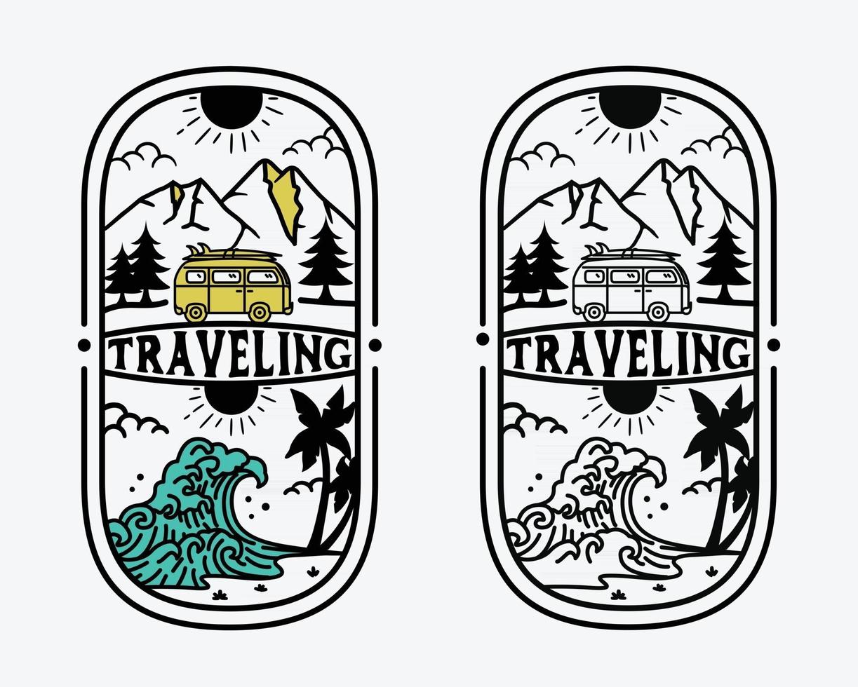 vacanza avventura all'aperto retrò, modello di logo set avventura vintage con auto da viaggio. vettore