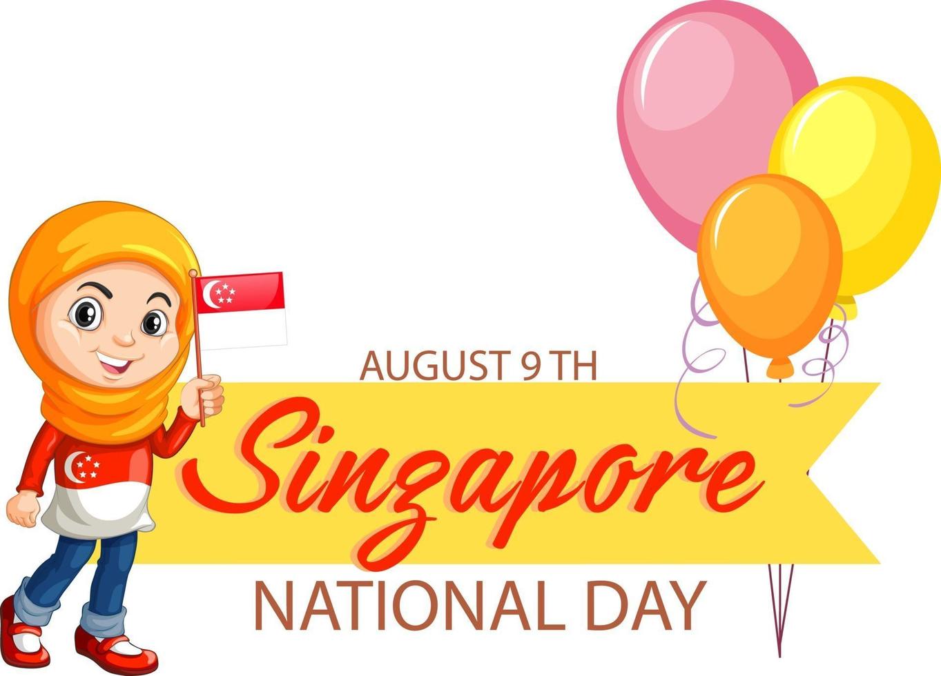 lo striscione della giornata nazionale di singapore con una ragazza musulmana tiene la bandiera di singapore vettore