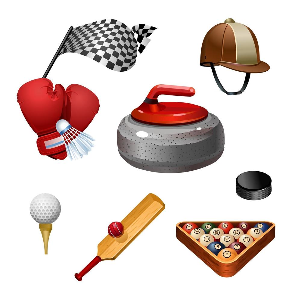 icone dello sport. golf, bastoncini, hockey, corse, boxe, ippica, curling, sport vari. set di icone. illustrazione vettoriale isolato