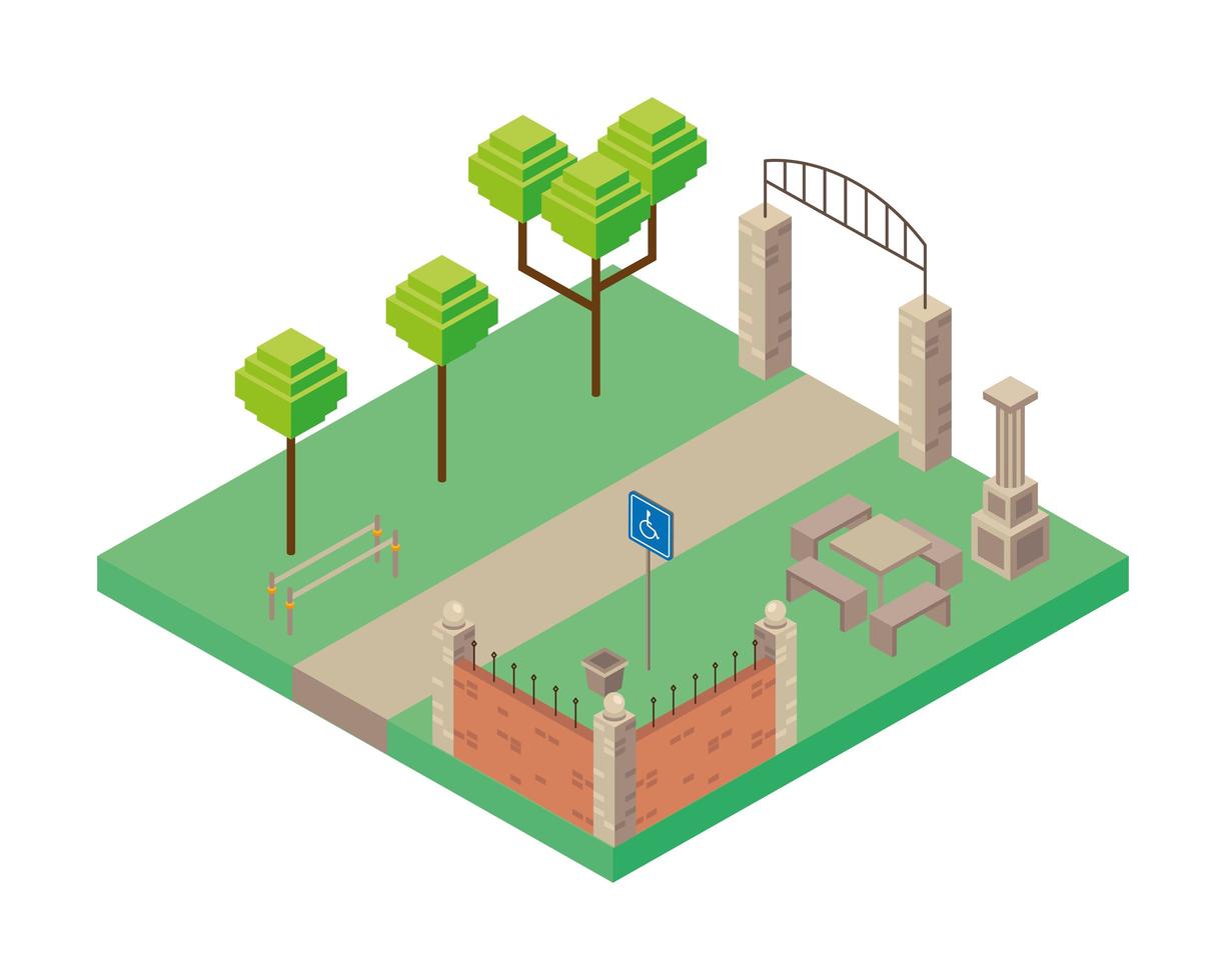 icona di stile isometrico della scena dell'ingresso dell'arco e del parco del tavolo vettore