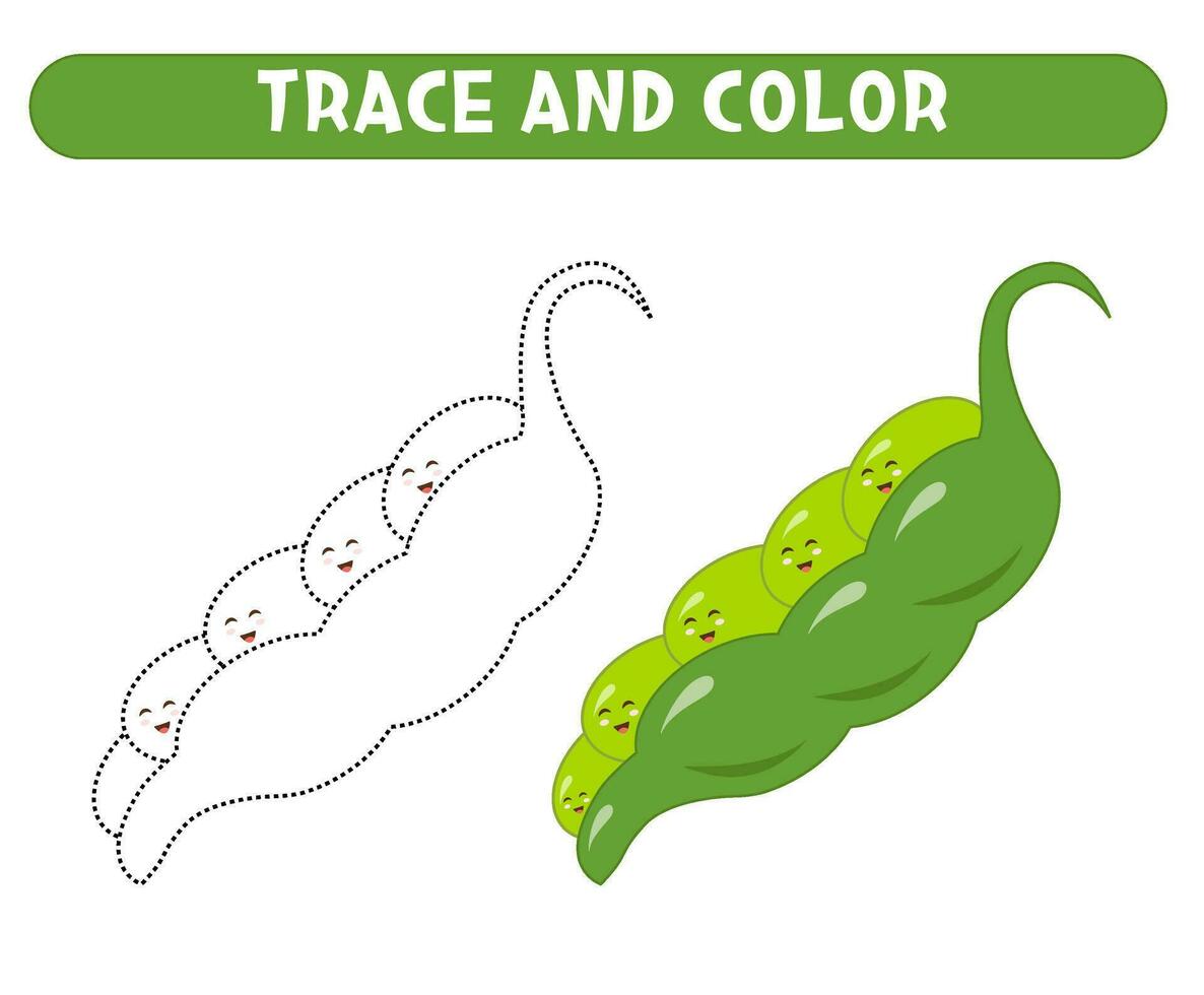 tracciare e colore carino verde piselli. foglio di lavoro per bambini. vettore