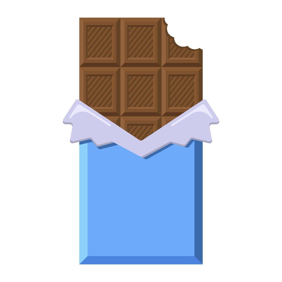 cioccolato al latte morso in un involucro blu aperto e un foglio vettore