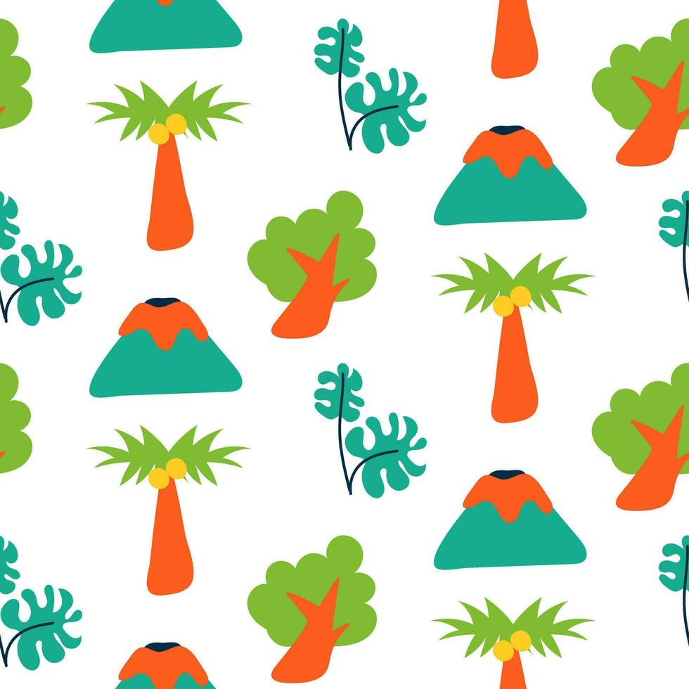 tropicale modello con cartone animato elementi. figli di luminosa foglie, alberi, palma alberi, vulcani nel luminosa colore. senza soluzione di continuità bambino struttura per stampa su tessile e carta vettore