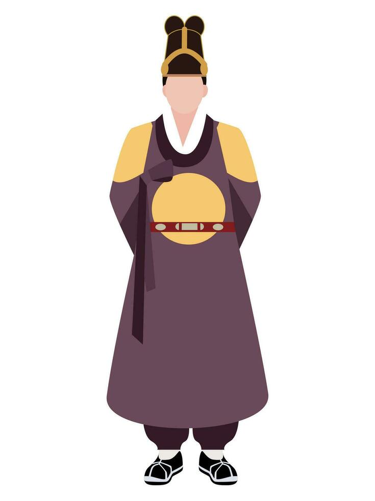 cartone animato illustrazione di un' coreano uomo nel un' hanbok reale vestito. tradizionale coreano costume su il tipo. manifesto, bandiera o etichetta modello per hanbok memorizzare vettore